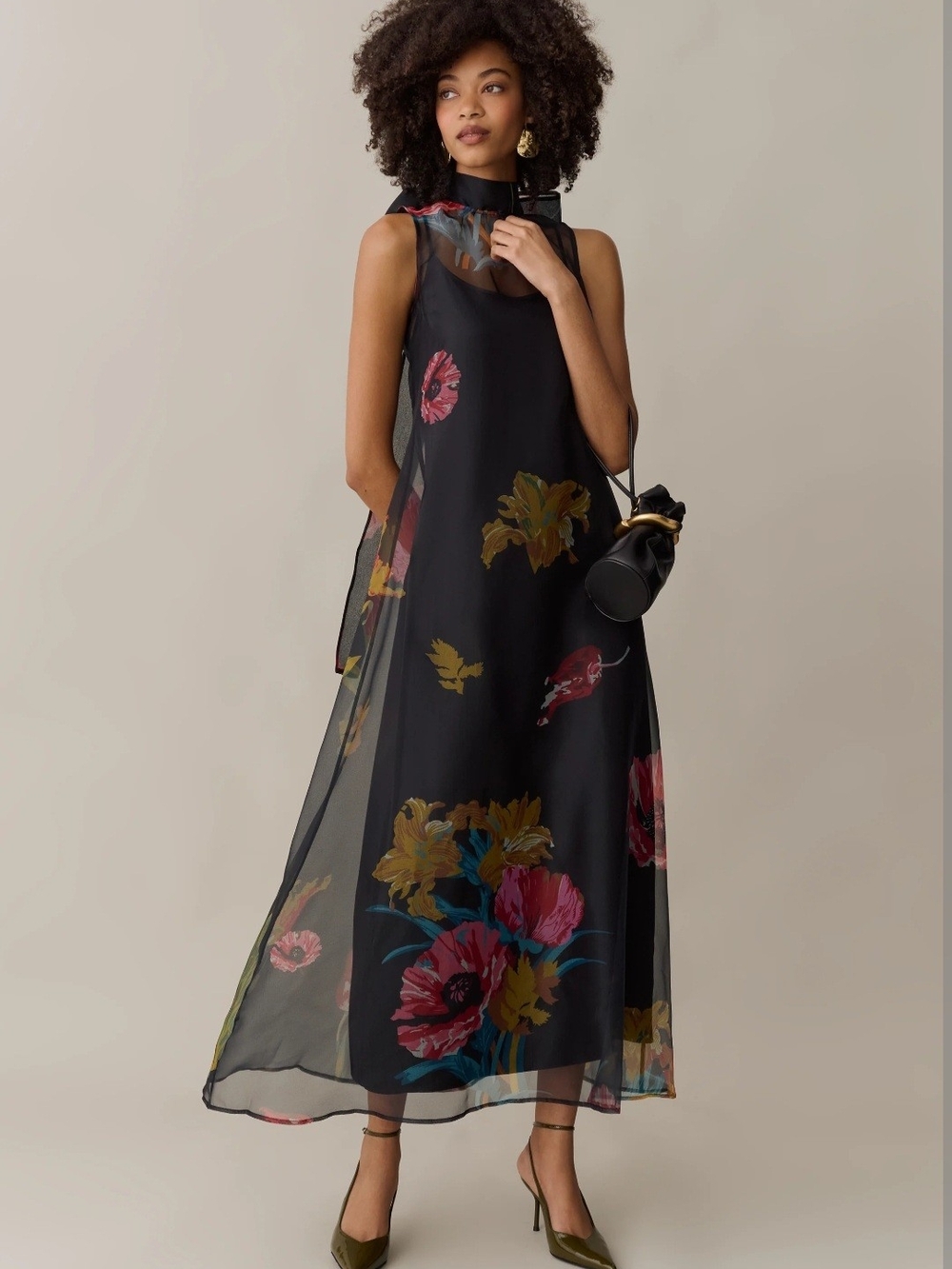 Few Moda Caara Black Floral Maxi Dress with Sheer Overlay